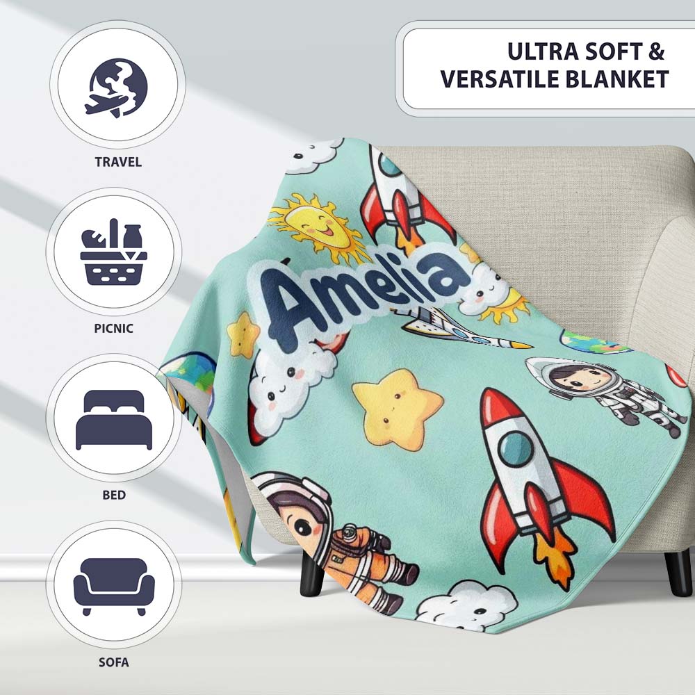 Kids Space Rockets Astronaut Seamless Pattern Mint Green Background Personalised Custom Name Super Soft Fleece Blanket Bed Sofa Throw