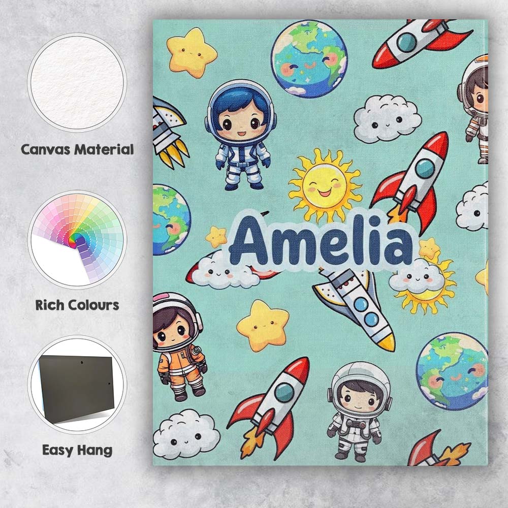 Personalised Name Kids Space Rockets Custom Premium Decorative Design Modern Room Accent Canvas Wall Art Print Decor Picture Ready to Hang