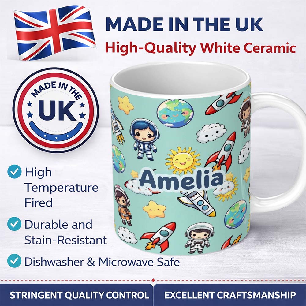 Personalized Custom Name Kids Space Rockets Astronaut Seamless Pattern Mint Green Background 11oz Ceramic Coffee Tea Mug White Large Handle