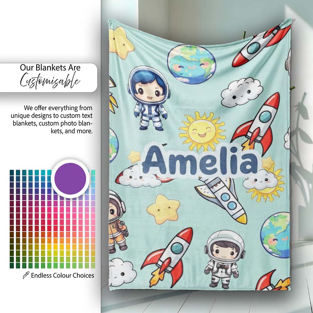 Kids Space Rockets Astronaut Seamless Pattern Mint Green Background Personalised Custom Name Super Soft Fleece Blanket Bed Sofa Throw