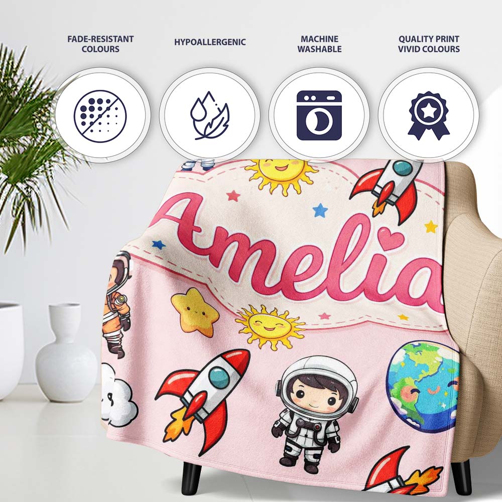 Kids Space Rockets Astronaut Seamless Pattern Soft Pink Background Personalised Custom Name Super Soft Fleece Blanket Bed Sofa Throw