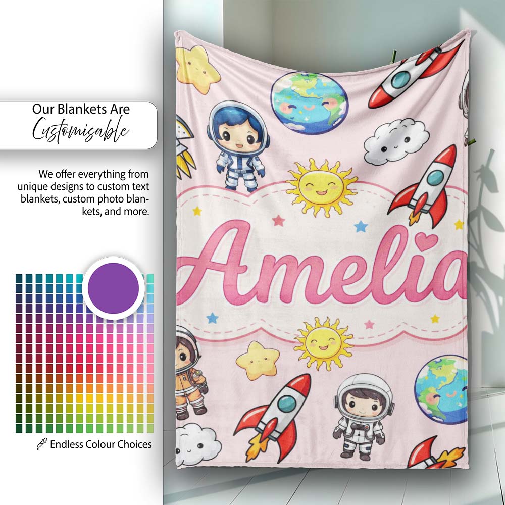 Kids Space Rockets Astronaut Seamless Pattern Soft Pink Background Personalised Custom Name Super Soft Fleece Blanket Bed Sofa Throw