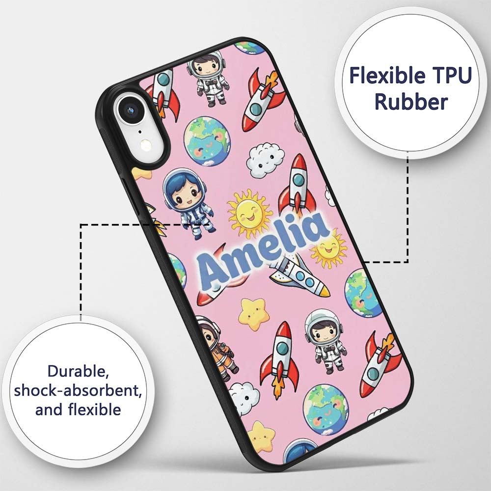 Kids Space Rockets Astronaut Seamless Pattern Custom Name Protective Phone Case Mobile Cover Durable Everyday Smartphone Shock Resistant