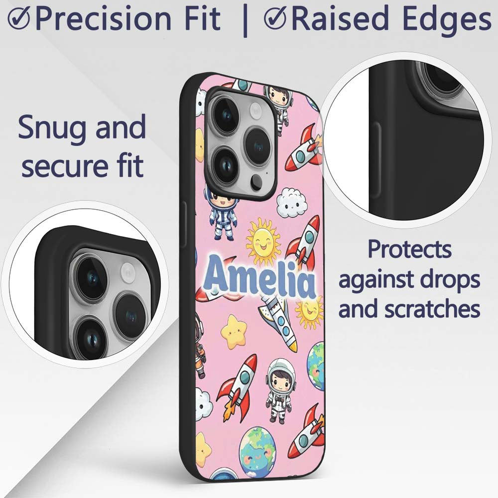 Kids Space Rockets Astronaut Seamless Pattern Custom Name Protective Phone Case Mobile Cover Durable Everyday Smartphone Shock Resistant