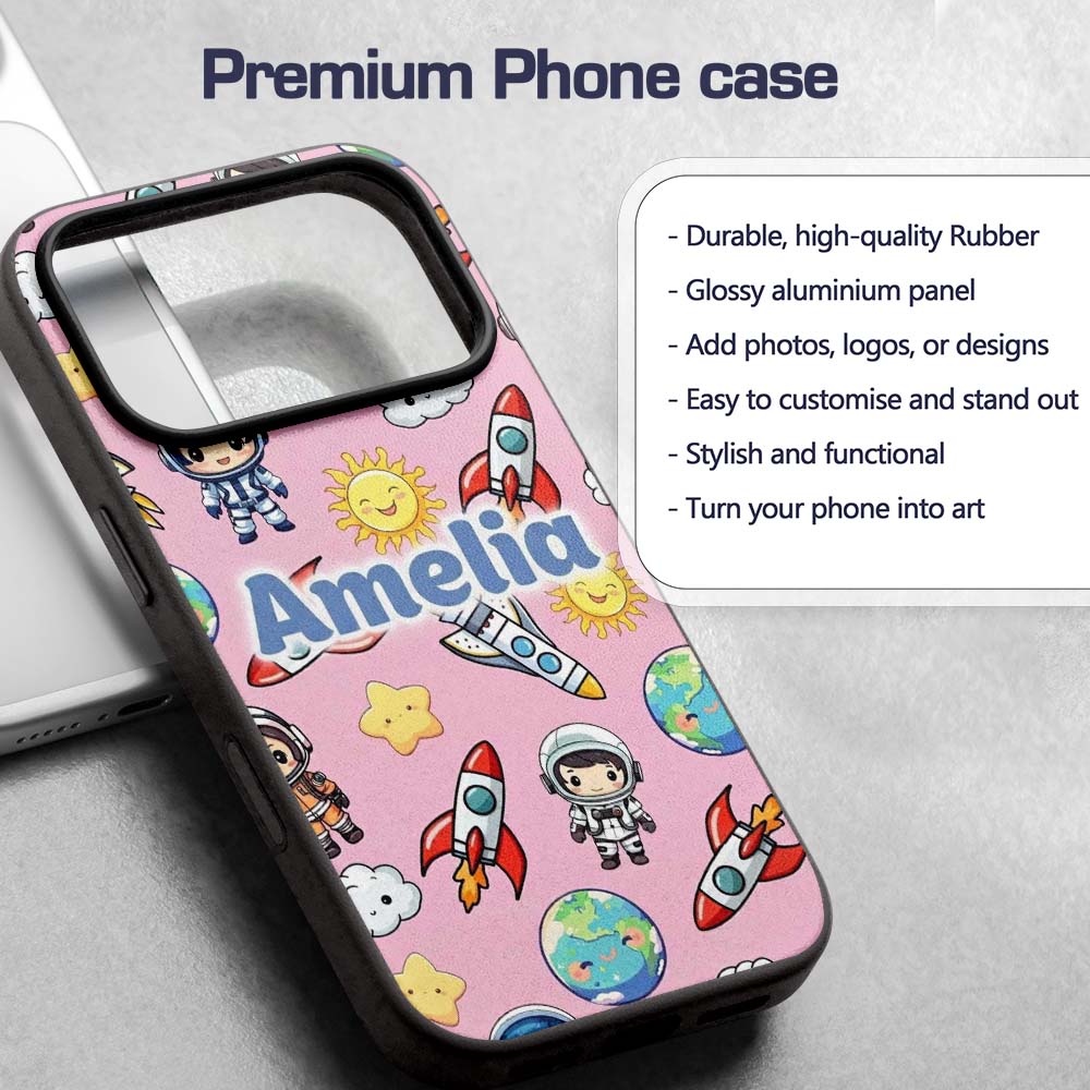Kids Space Rockets Astronaut Seamless Pattern Custom Name Protective Phone Case Mobile Cover Durable Everyday Smartphone Shock Resistant