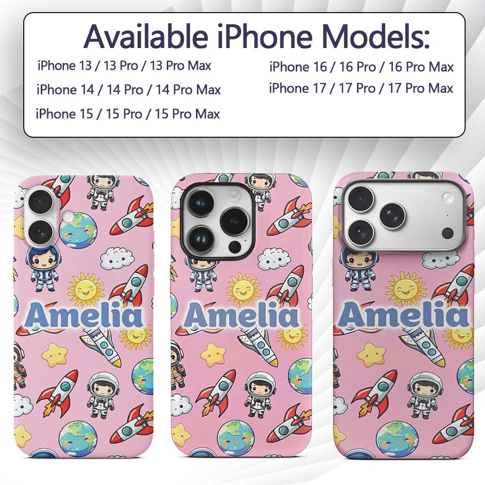 Kids Space Rockets Astronaut Seamless Pattern Custom Name Protective Phone Case Mobile Cover Durable Everyday Smartphone Shock Resistant