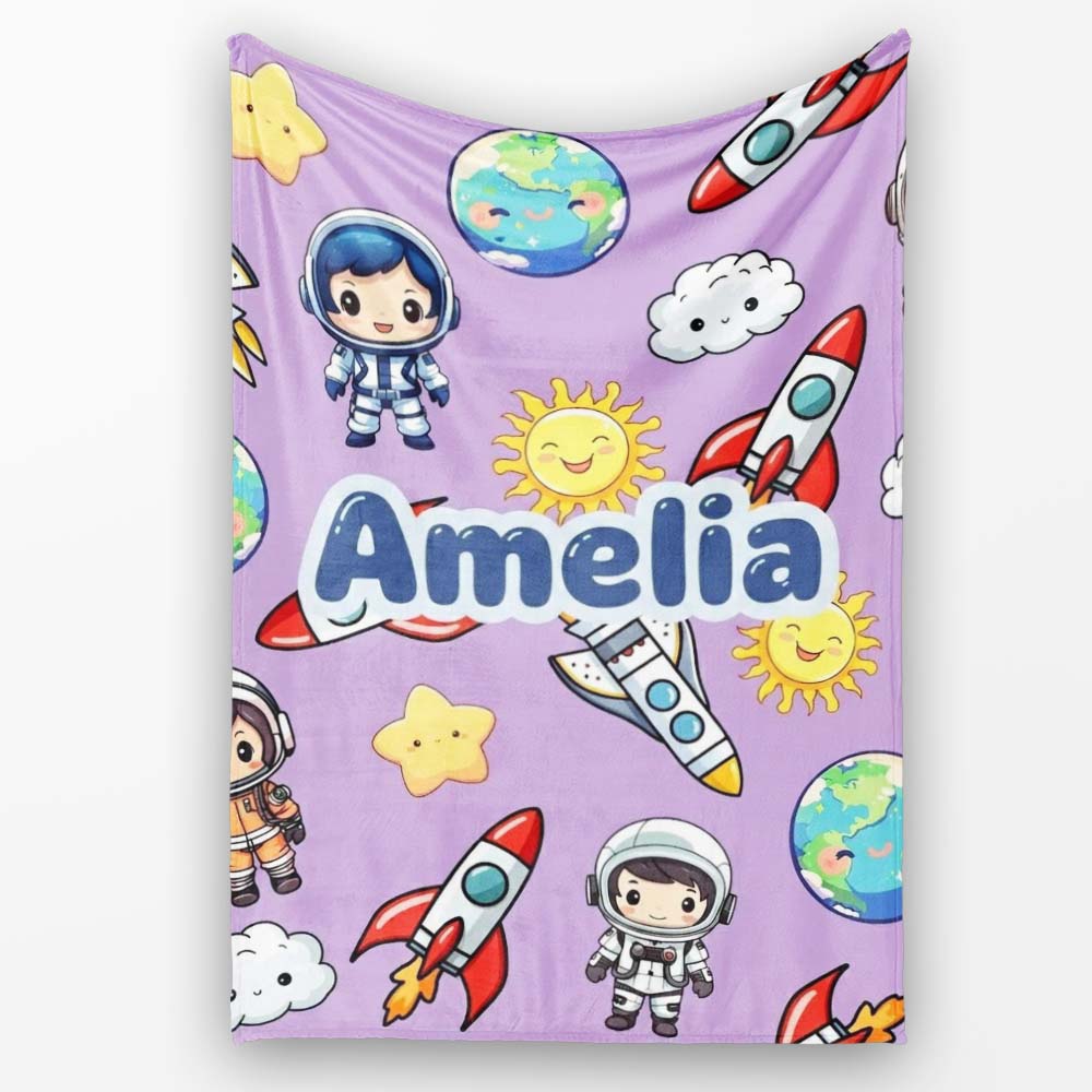 Cute Kids Space Rockets Astronaut Seamless Pattern Purple Personalised Custom Name Super Soft Fleece Blanket Bed Sofa Throw
