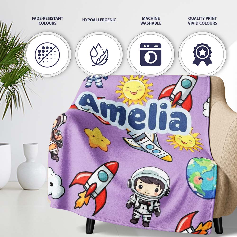 Cute Kids Space Rockets Astronaut Seamless Pattern Purple Personalised Custom Name Super Soft Fleece Blanket Bed Sofa Throw