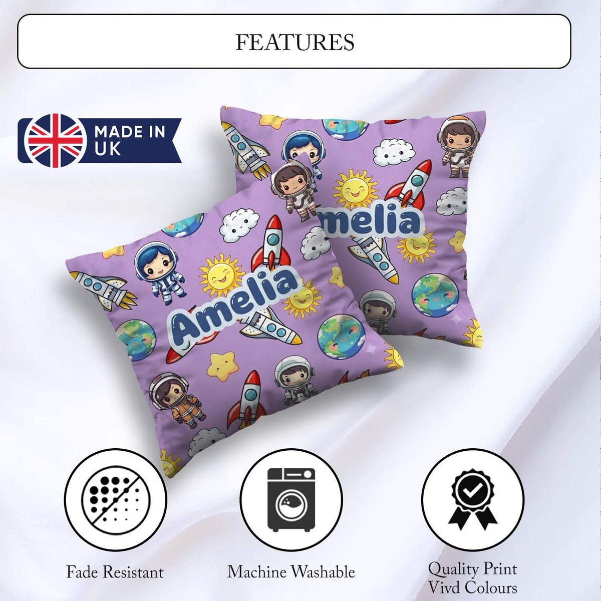 Custom Name Kids Space Rockets Astronaut Seamless Pattern Purple Square Filled Cushion Throw Pillow Sofa Bed Home Decor Zip Washable UK Made