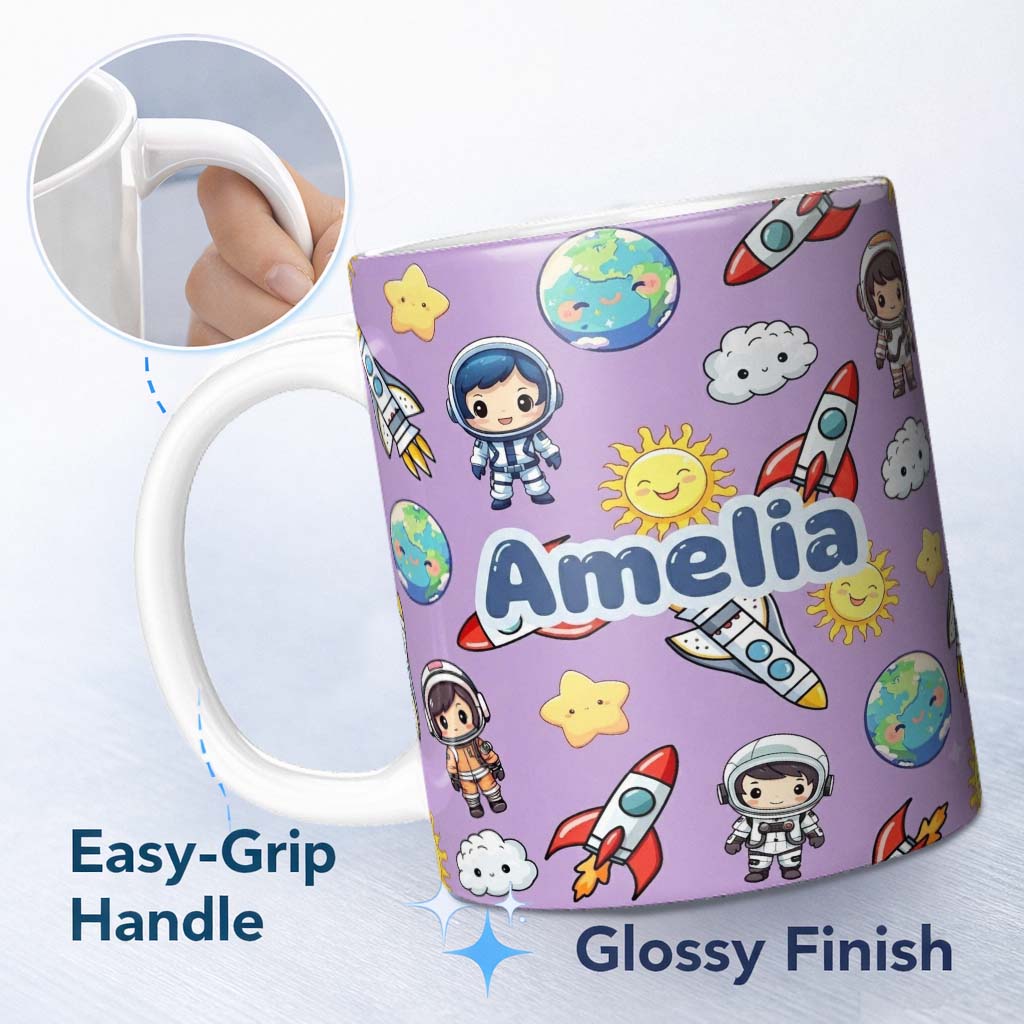 Personalized Custom Name Cute Kids Space Rockets Astronaut Seamless Pattern Purple 11oz Ceramic Coffee Tea Mug White Large Handle