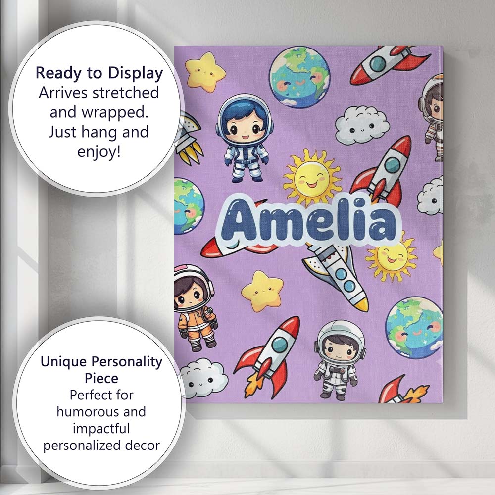 Personalised Name Cute Kids Space Rockets Custom Unique Gift Idea Elegant Feature Canvas Wall Art Print Decor Picture Ready to Hang