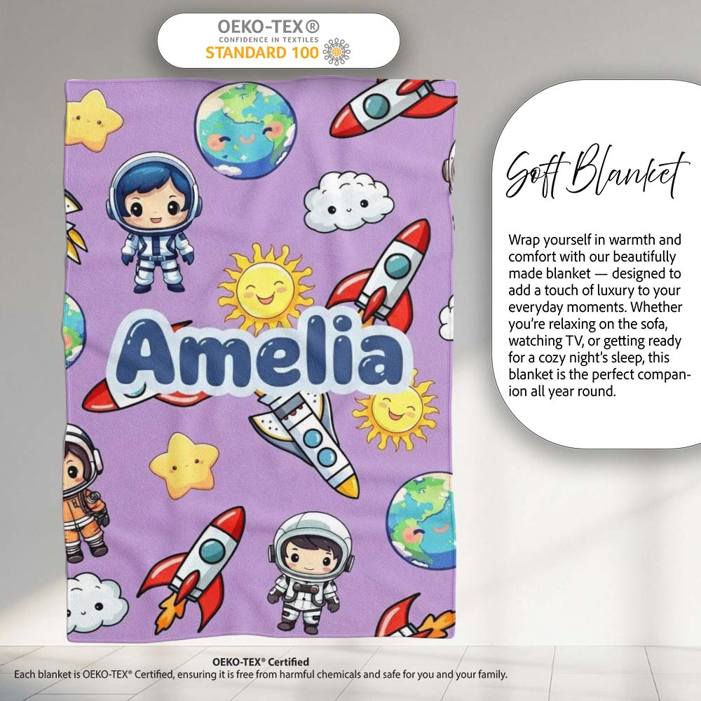 Cute Kids Space Rockets Astronaut Seamless Pattern Purple Personalised Custom Name Super Soft Fleece Blanket Bed Sofa Throw