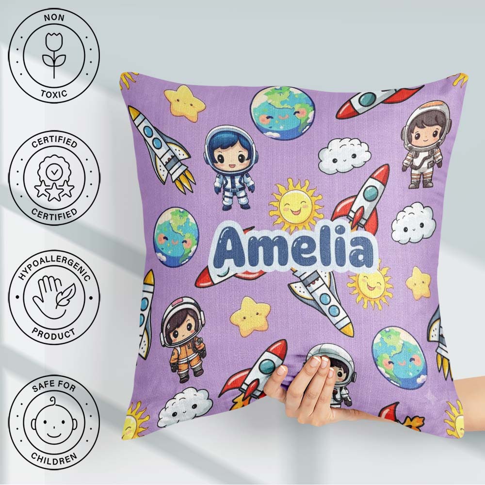 Custom Name Kids Space Rockets Astronaut Seamless Pattern Purple Square Filled Cushion Throw Pillow Sofa Bed Home Decor Zip Washable UK Made