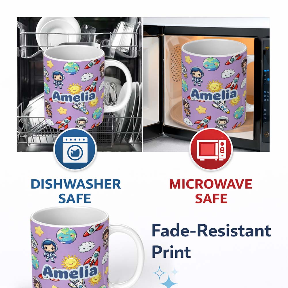Personalized Custom Name Cute Kids Space Rockets Astronaut Seamless Pattern Purple 11oz Ceramic Coffee Tea Mug White Large Handle