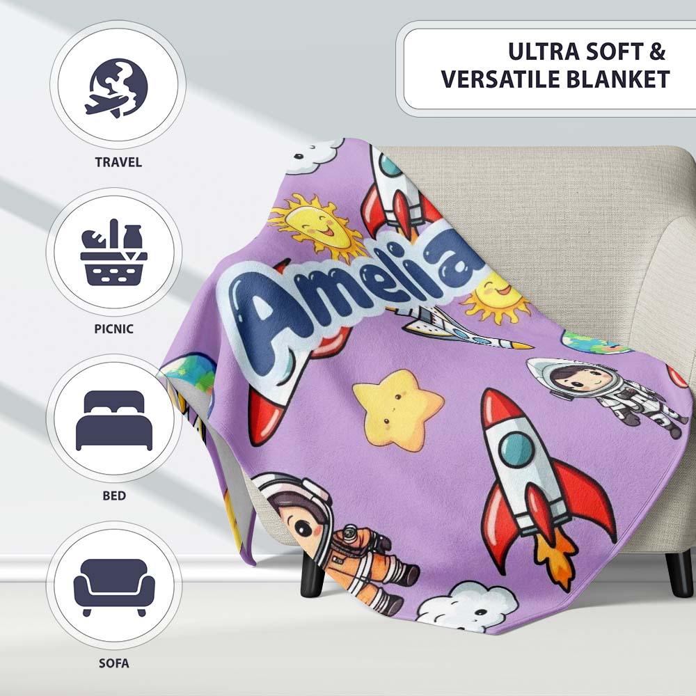 Cute Kids Space Rockets Astronaut Seamless Pattern Purple Personalised Custom Name Super Soft Fleece Blanket Bed Sofa Throw