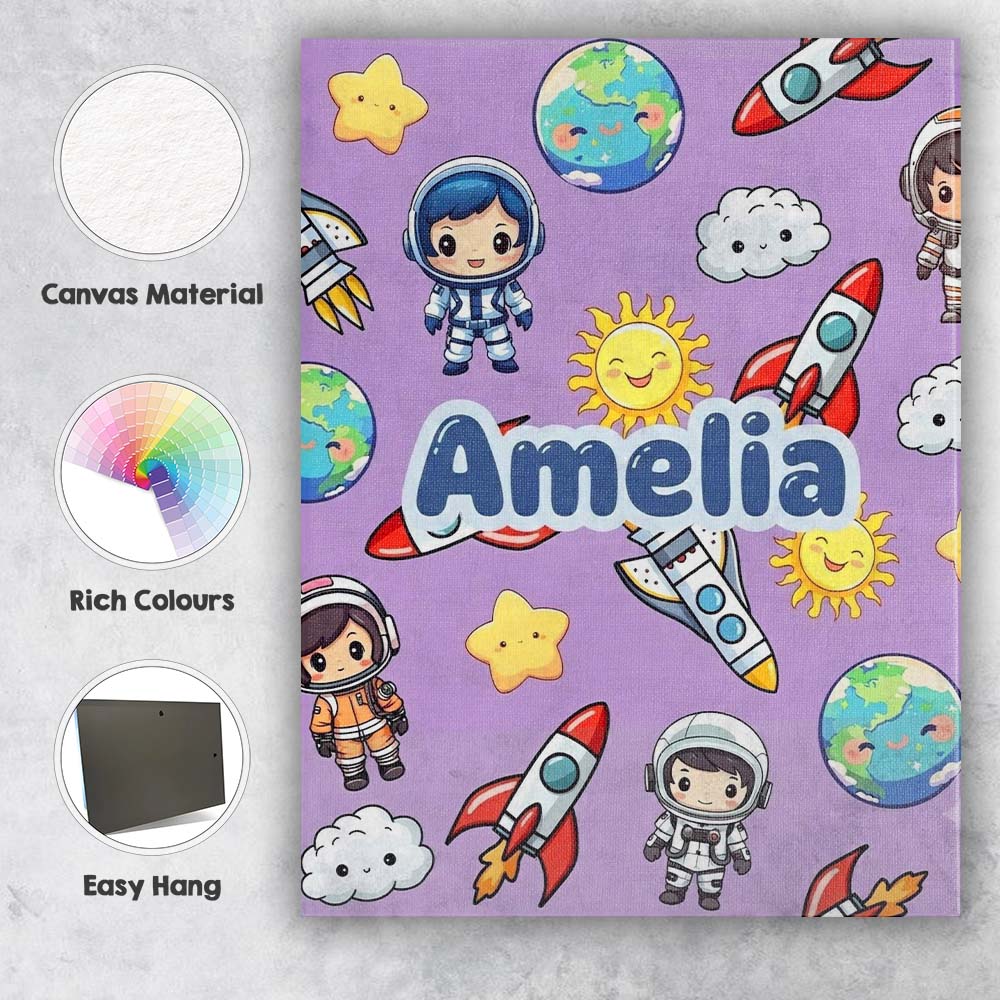 Personalised Name Cute Kids Space Rockets Custom Unique Gift Idea Elegant Feature Canvas Wall Art Print Decor Picture Ready to Hang