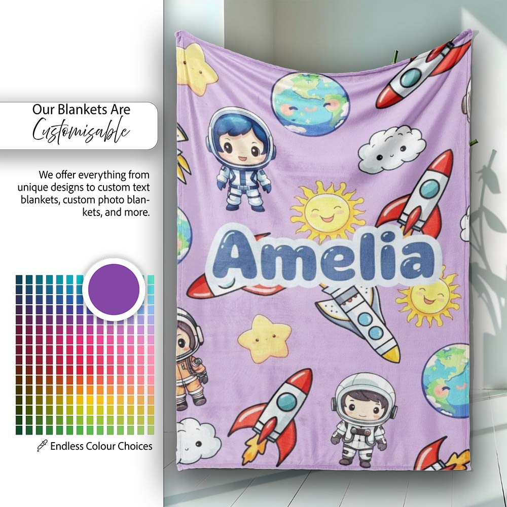 Cute Kids Space Rockets Astronaut Seamless Pattern Purple Personalised Custom Name Super Soft Fleece Blanket Bed Sofa Throw