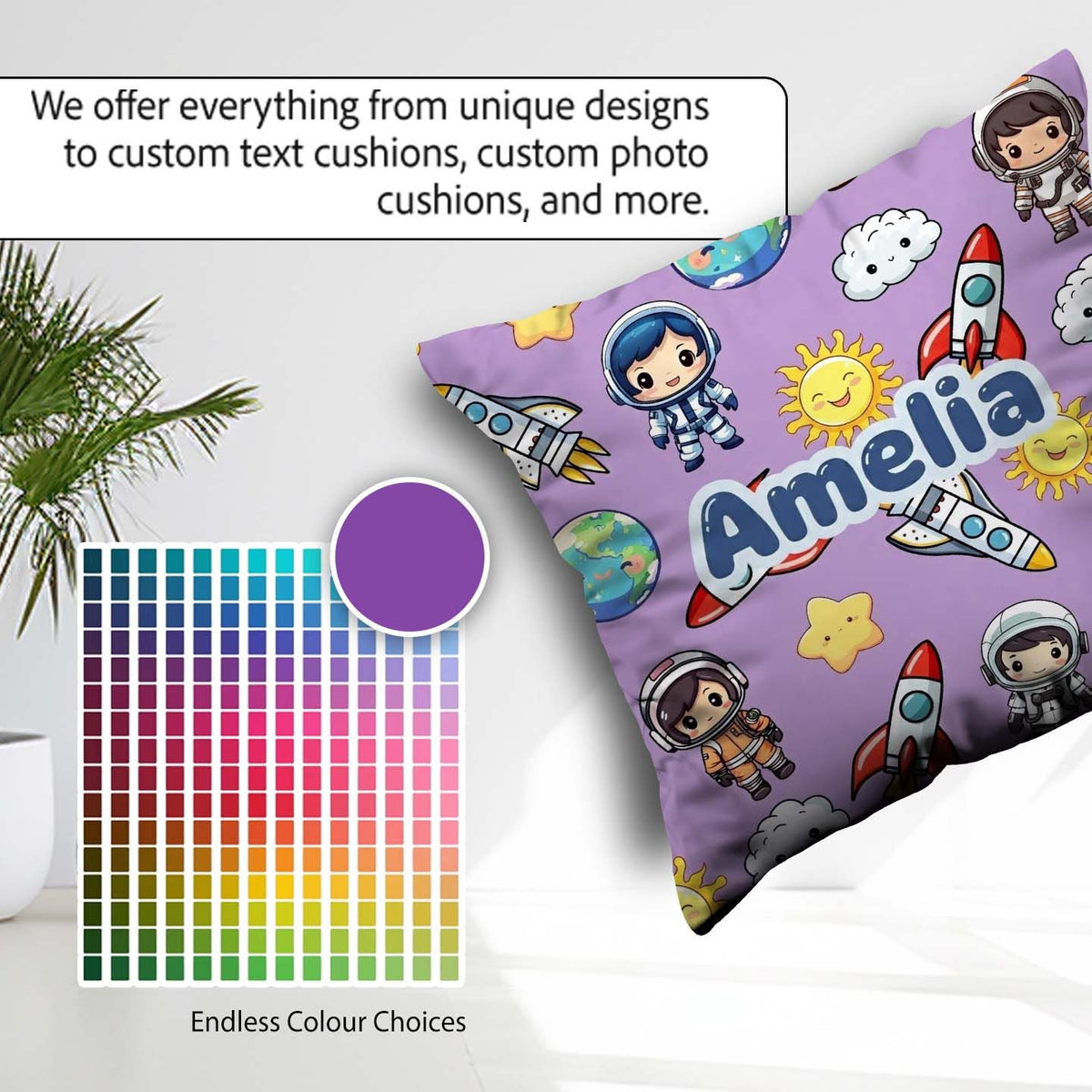 Custom Name Kids Space Rockets Astronaut Seamless Pattern Purple Square Filled Cushion Throw Pillow Sofa Bed Home Decor Zip Washable UK Made