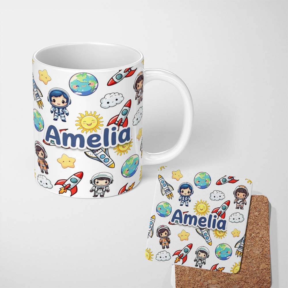 Personalized Custom Name Cute Kids Space Rockets Astronaut Seamless Light Grey Background 11oz Ceramic Coffee Tea Mug White Large Handle