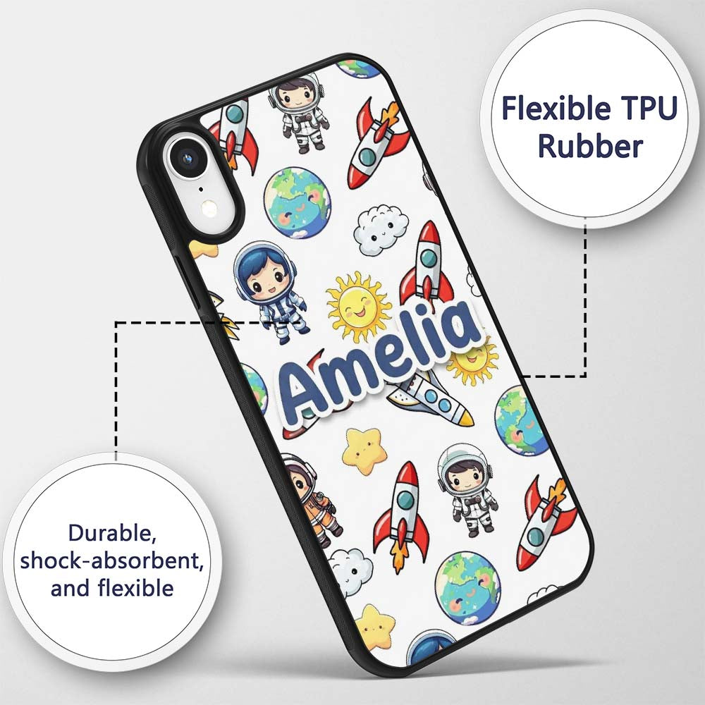 Cute Kids Space Rockets Astronaut Seamless Light Custom Name Protective Phone Case Mobile Cover Durable Everyday Smartphone Shock Resistant