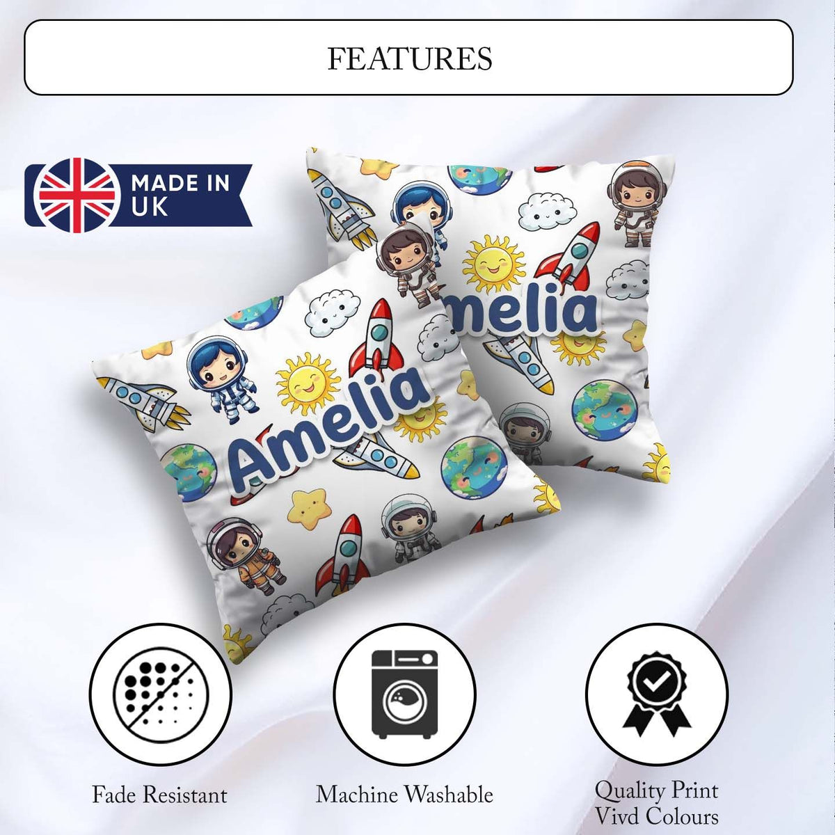 Custom Name Kids Space Astronaut Seamless Light Grey Background Square Filled Cushion Throw Pillow Sofa Bed Home Decor Zip Washable UK Made