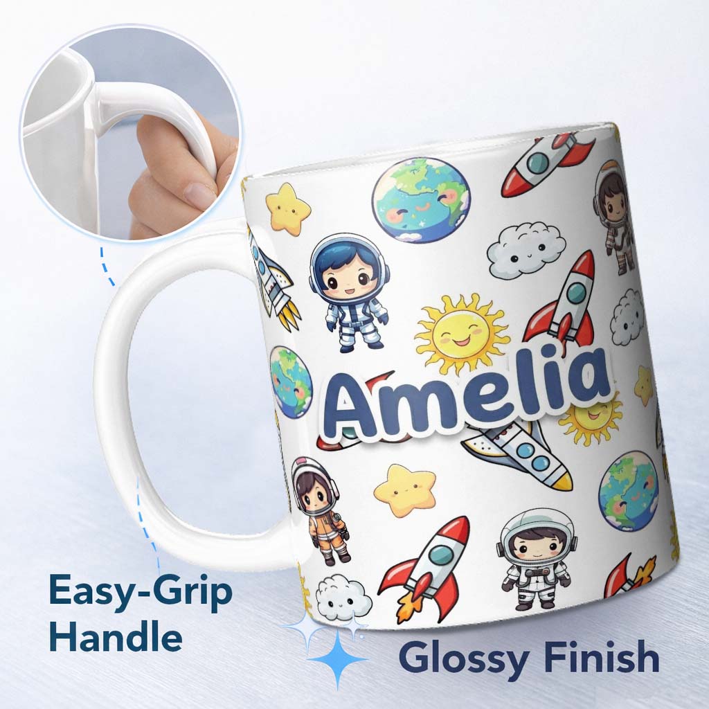 Personalized Custom Name Cute Kids Space Rockets Astronaut Seamless Light Grey Background 11oz Ceramic Coffee Tea Mug White Large Handle