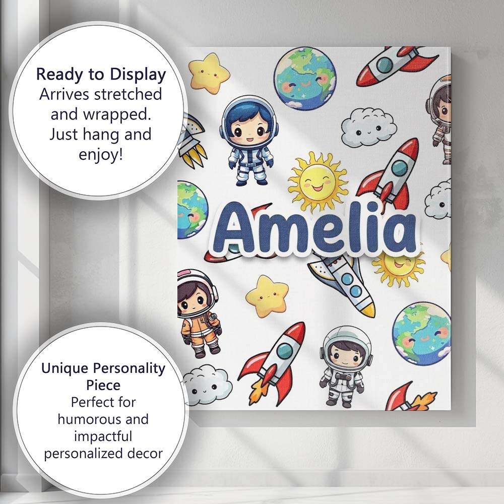 Personalised Name Cute Kids Space Rockets Custom Unique Gift Idea Elegant Feature Canvas Wall Art Print Decor Picture Ready to Hang