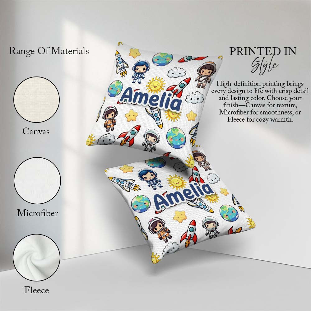 Custom Name Kids Space Astronaut Seamless Light Grey Background Square Filled Cushion Throw Pillow Sofa Bed Home Decor Zip Washable UK Made
