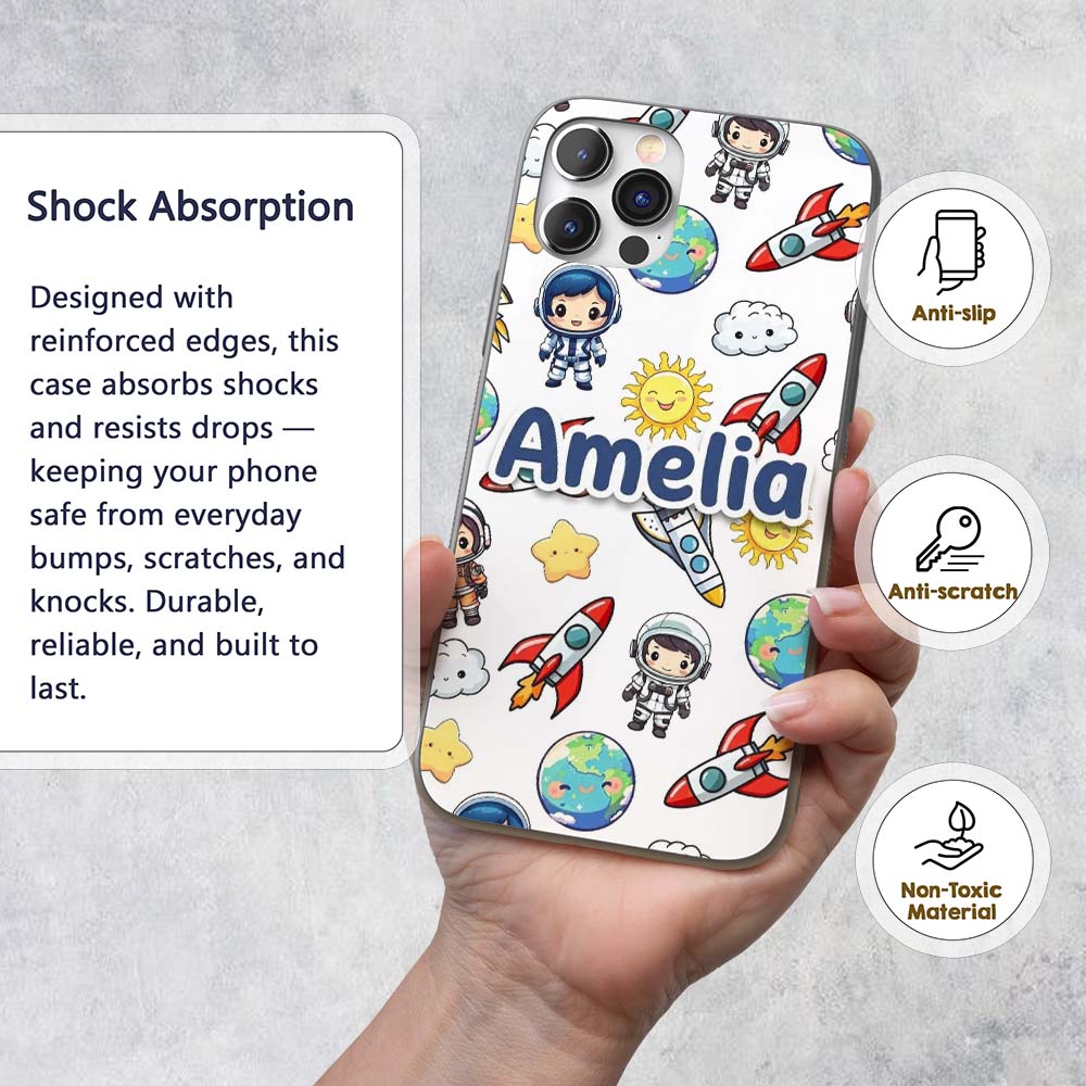 Cute Kids Space Rockets Astronaut Seamless Light Custom Name Protective Phone Case Mobile Cover Durable Everyday Smartphone Shock Resistant