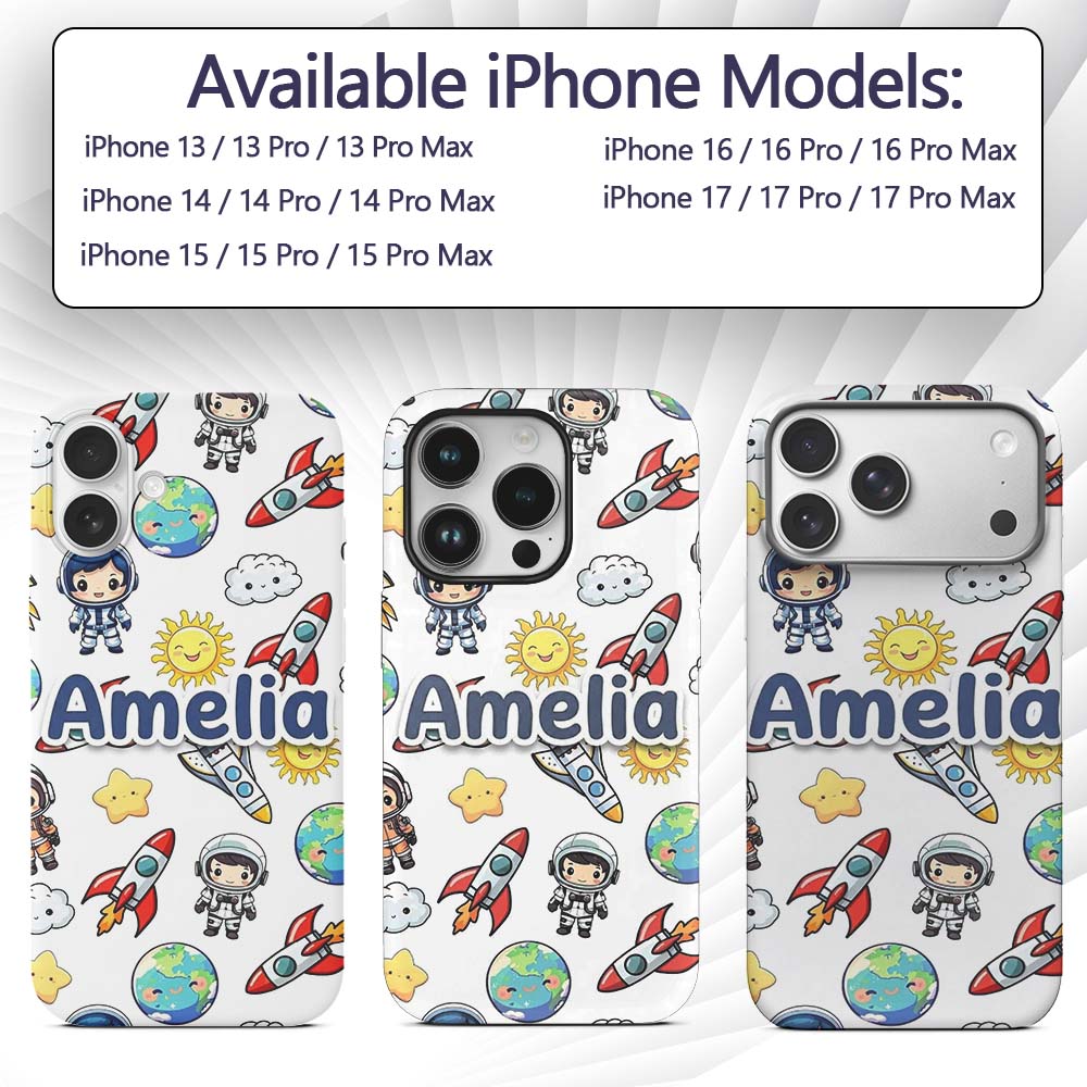 Cute Kids Space Rockets Astronaut Seamless Light Custom Name Protective Phone Case Mobile Cover Durable Everyday Smartphone Shock Resistant