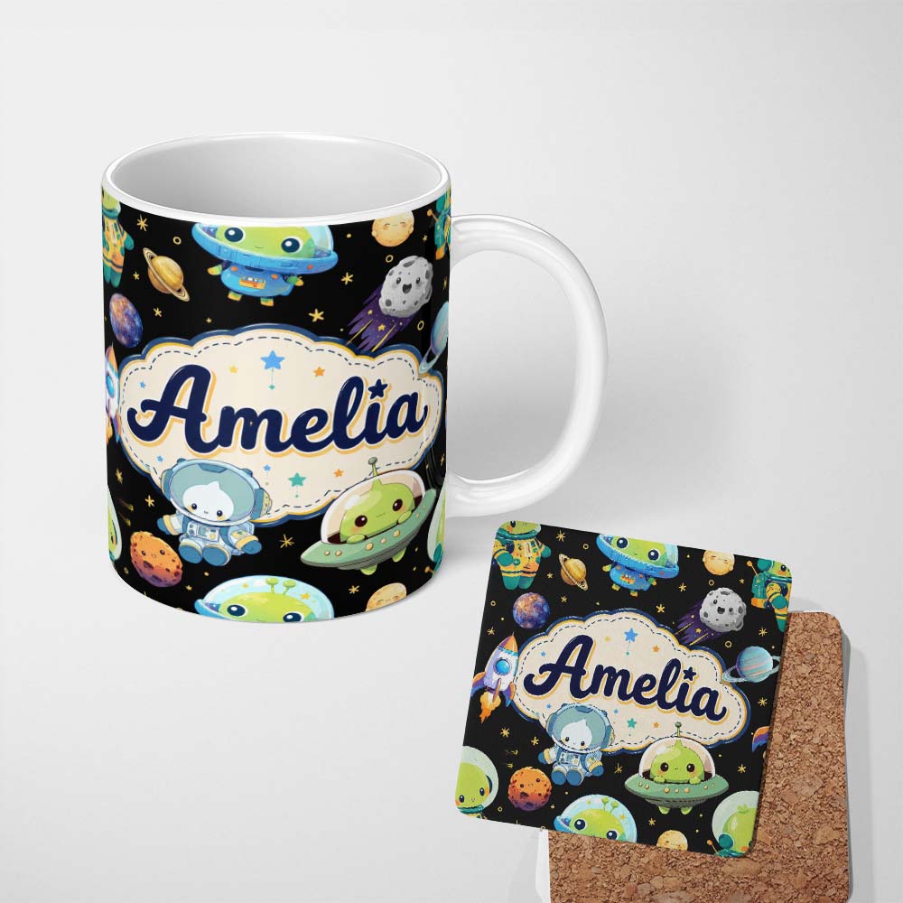 Personalized Custom Name Space Astronaut Alien UFO Seamless Black Background Fun Kids Design 11oz Ceramic Coffee Tea Mug White Large Handle