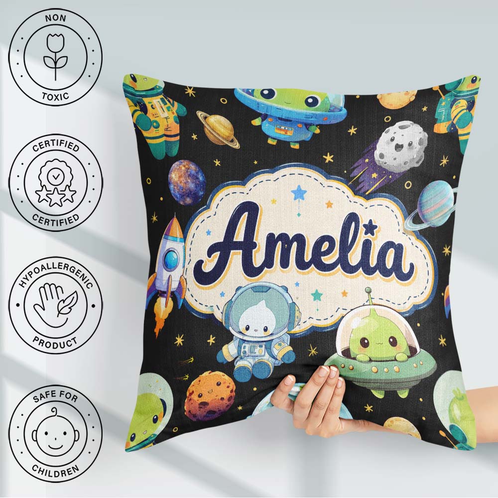 Custom Name Space Alien UFO Seamless Black Background Fun Design Square Filled Cushion Throw Pillow Sofa Bed Home Decor Zip Washable UK Made
