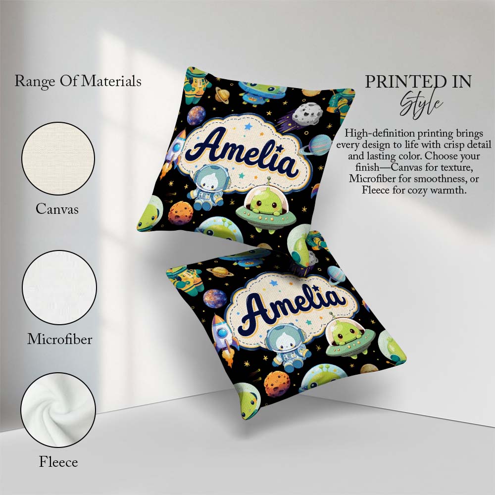 Custom Name Space Alien UFO Seamless Black Background Fun Design Square Filled Cushion Throw Pillow Sofa Bed Home Decor Zip Washable UK Made