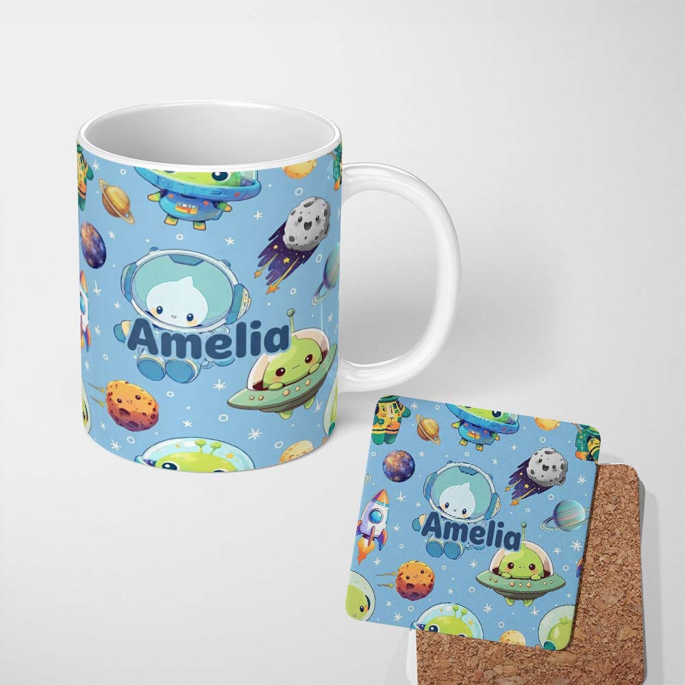 Personalized Custom Name Space Astronaut Alien UFO Seamless Light Blue Background Fun Kids 11oz Ceramic Coffee Tea Mug White Large Handle