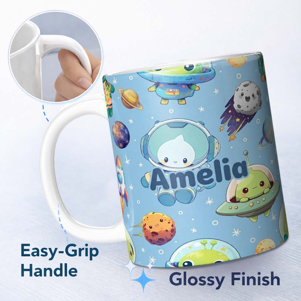 Personalized Custom Name Space Astronaut Alien UFO Seamless Light Blue Background Fun Kids 11oz Ceramic Coffee Tea Mug White Large Handle