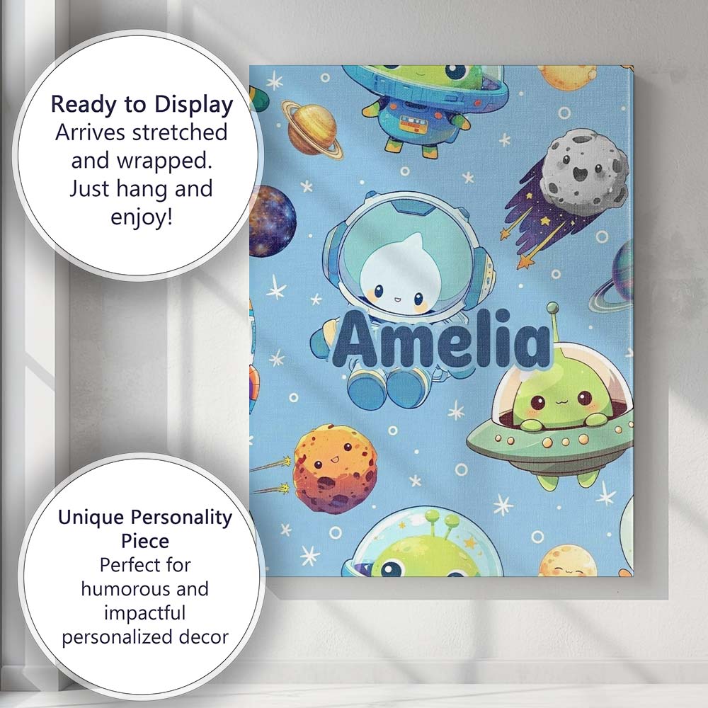 Personalised Name Space Astronaut Alien UFO Custom Bespoke Interior Contemporary Canvas Wall Art Print Decor Picture Ready to Hang