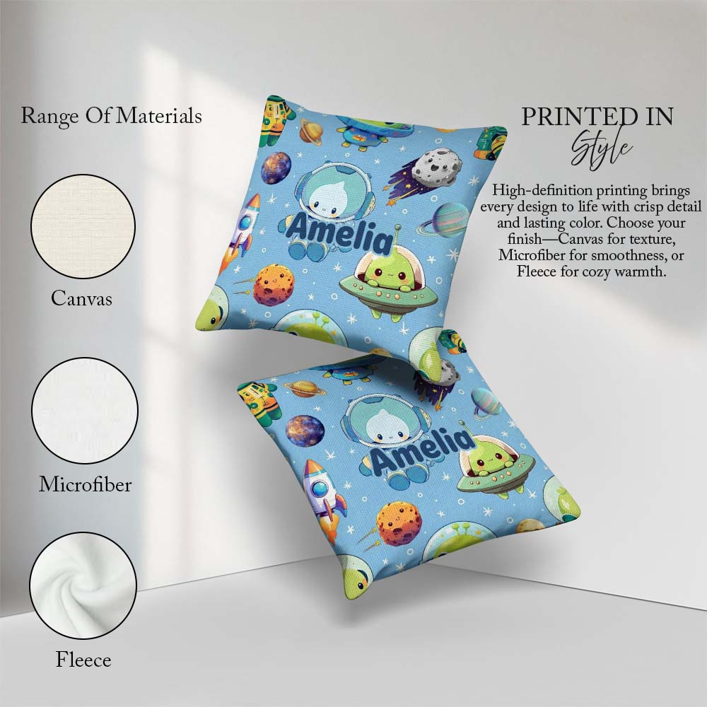 Custom Name Space Astronaut Alien UFO Light Blue Background Kids Square Filled Cushion Throw Pillow Sofa Bed Home Decor Zip Washable UK Made