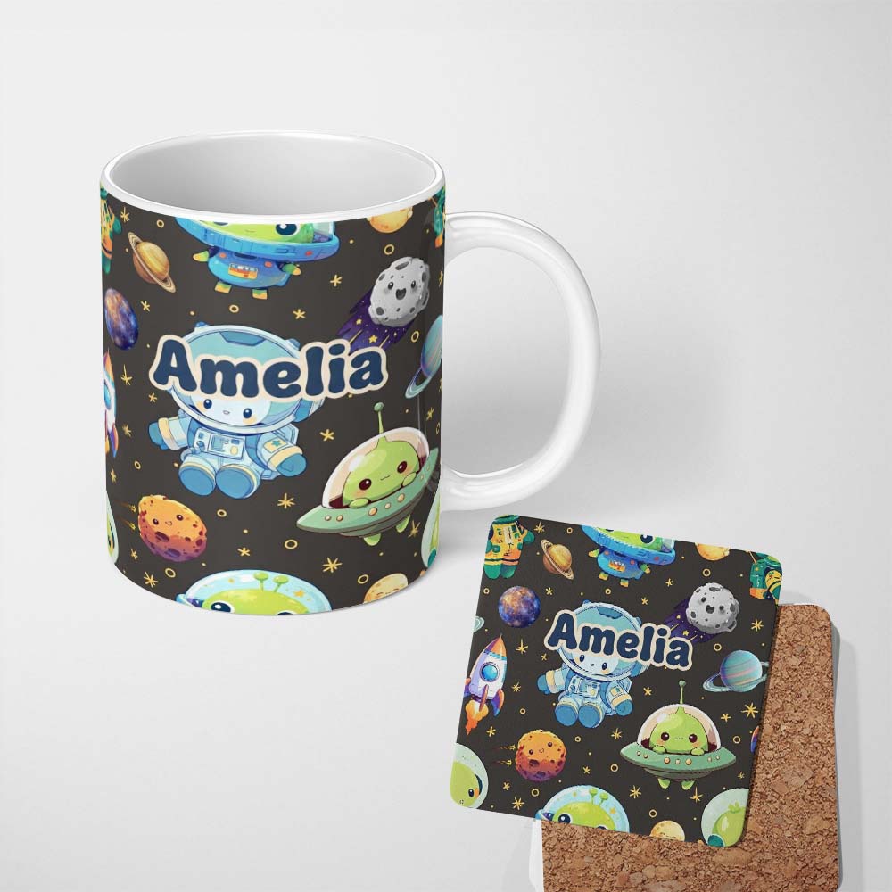 Personalized Custom Name Space Astronaut Alien UFO Seamless Dark Grey Background Fun Kids 11oz Ceramic Coffee Tea Mug White Large Handle
