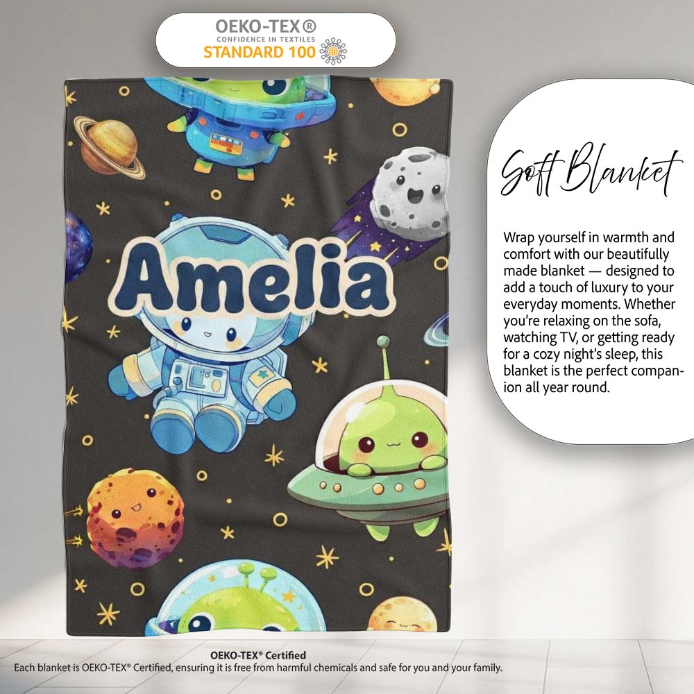 Space Astronaut Alien UFO Seamless Dark Grey Background Fun Kids Personalised Custom Name Super Soft Fleece Blanket Bed Sofa Throw