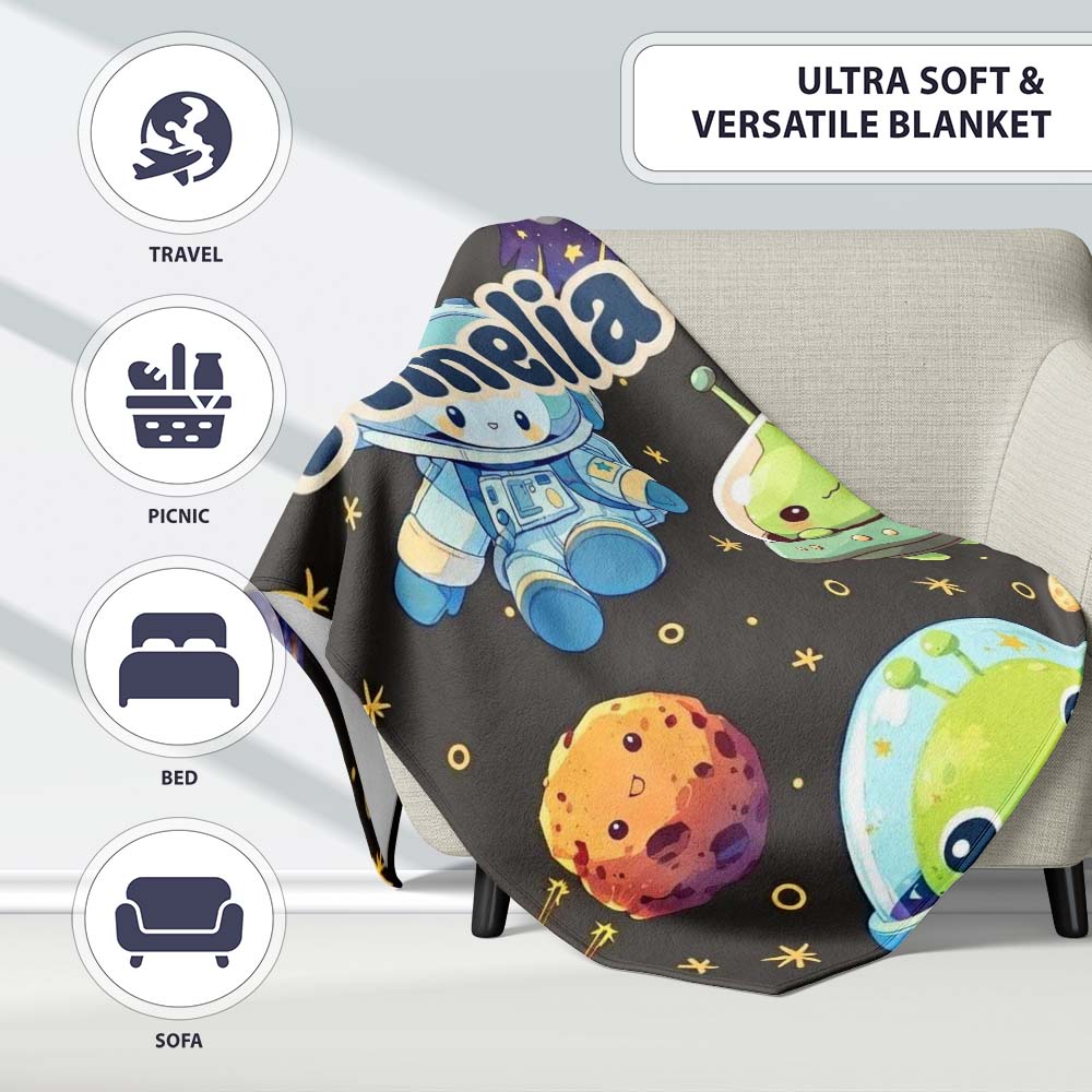 Space Astronaut Alien UFO Seamless Dark Grey Background Fun Kids Personalised Custom Name Super Soft Fleece Blanket Bed Sofa Throw