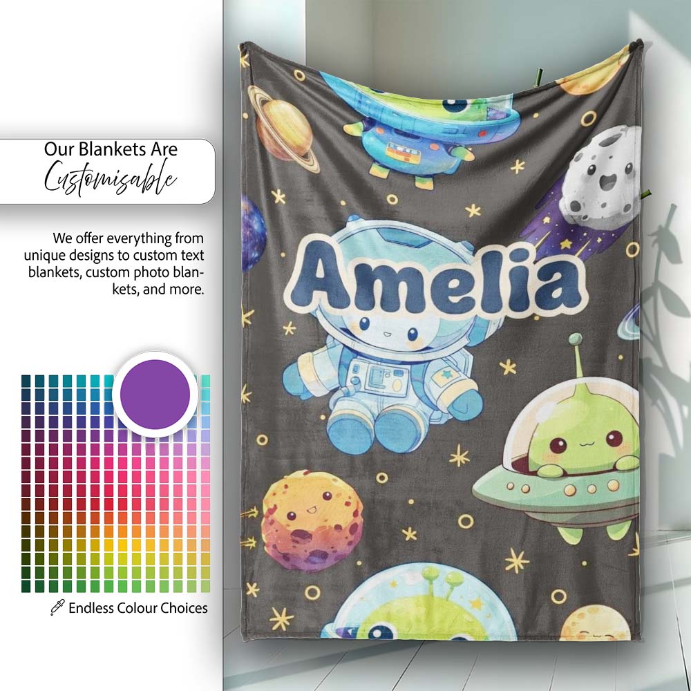 Space Astronaut Alien UFO Seamless Dark Grey Background Fun Kids Personalised Custom Name Super Soft Fleece Blanket Bed Sofa Throw
