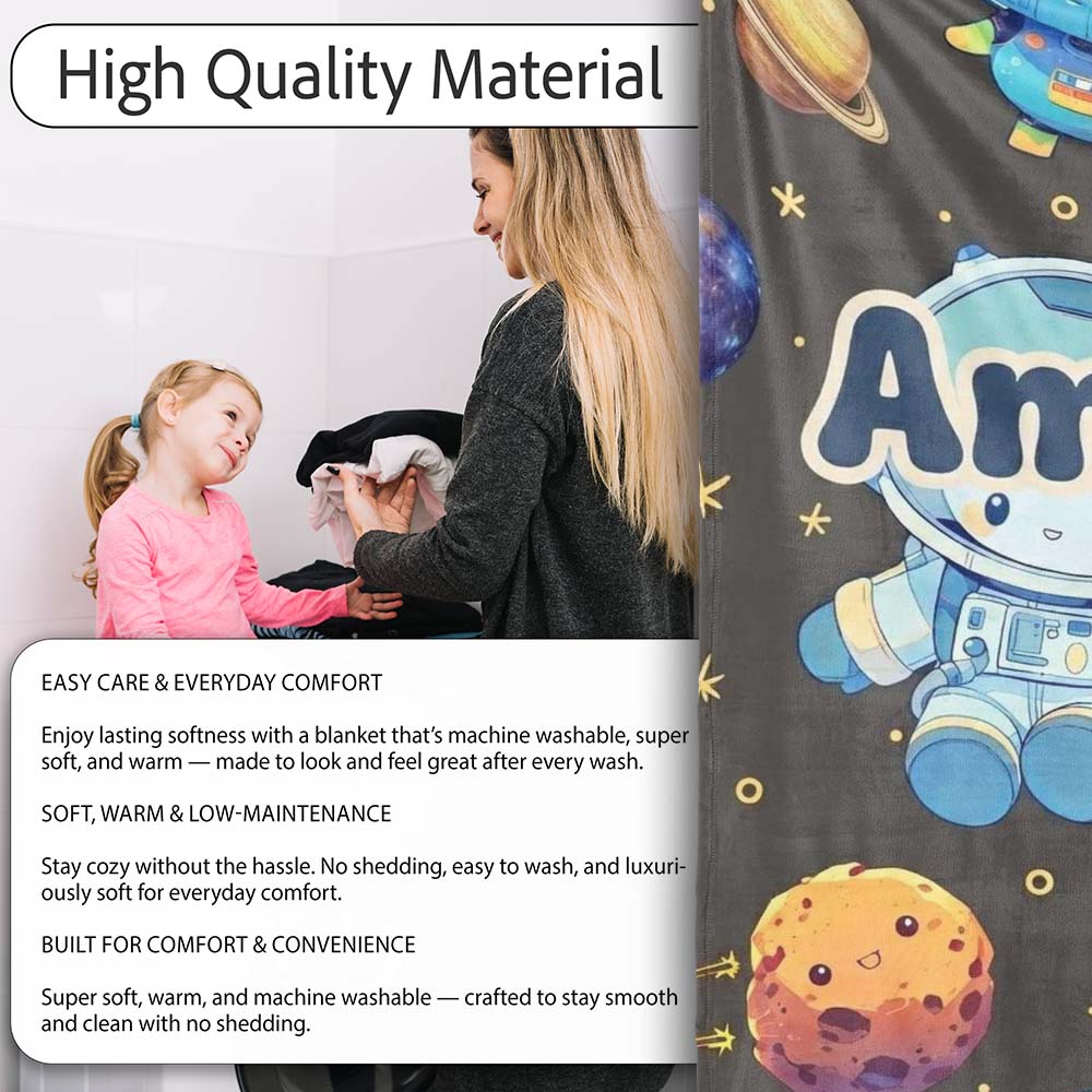 Space Astronaut Alien UFO Seamless Dark Grey Background Fun Kids Personalised Custom Name Super Soft Fleece Blanket Bed Sofa Throw