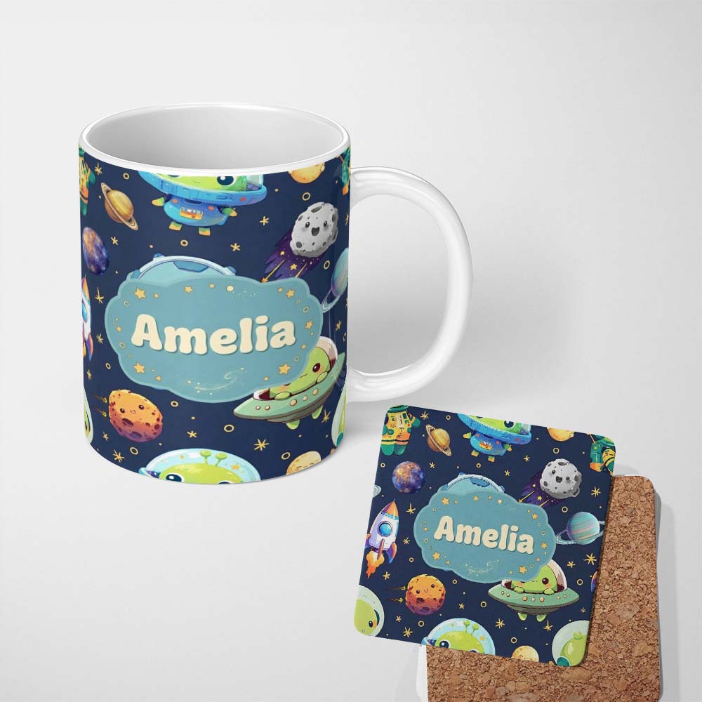 Personalized Custom Name Space Astronaut Alien UFO Seamless Navy Blue Background Fun Kids 11oz Ceramic Coffee Tea Mug White Large Handle