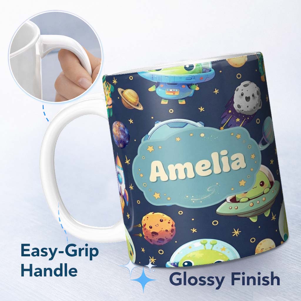 Personalized Custom Name Space Astronaut Alien UFO Seamless Navy Blue Background Fun Kids 11oz Ceramic Coffee Tea Mug White Large Handle