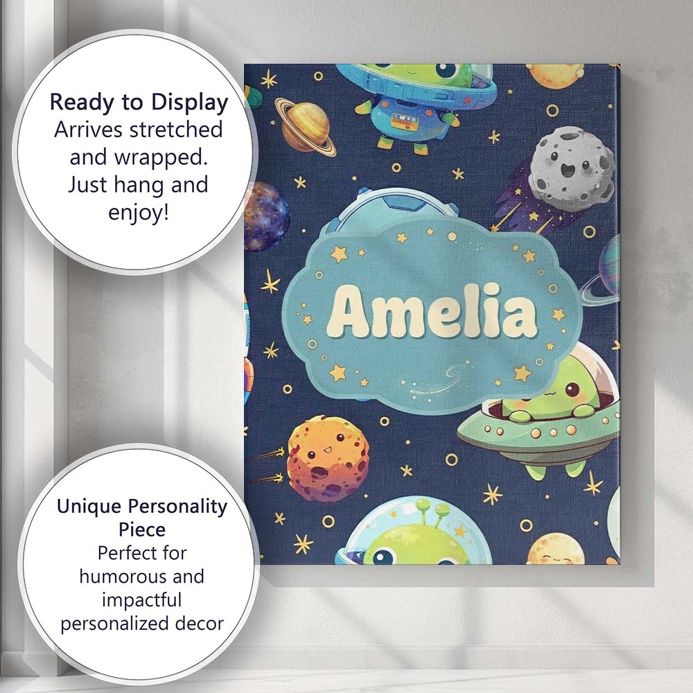 Personalised Name Space Astronaut Alien UFO Custom Bespoke Interior Contemporary Canvas Wall Art Print Decor Picture Ready to Hang