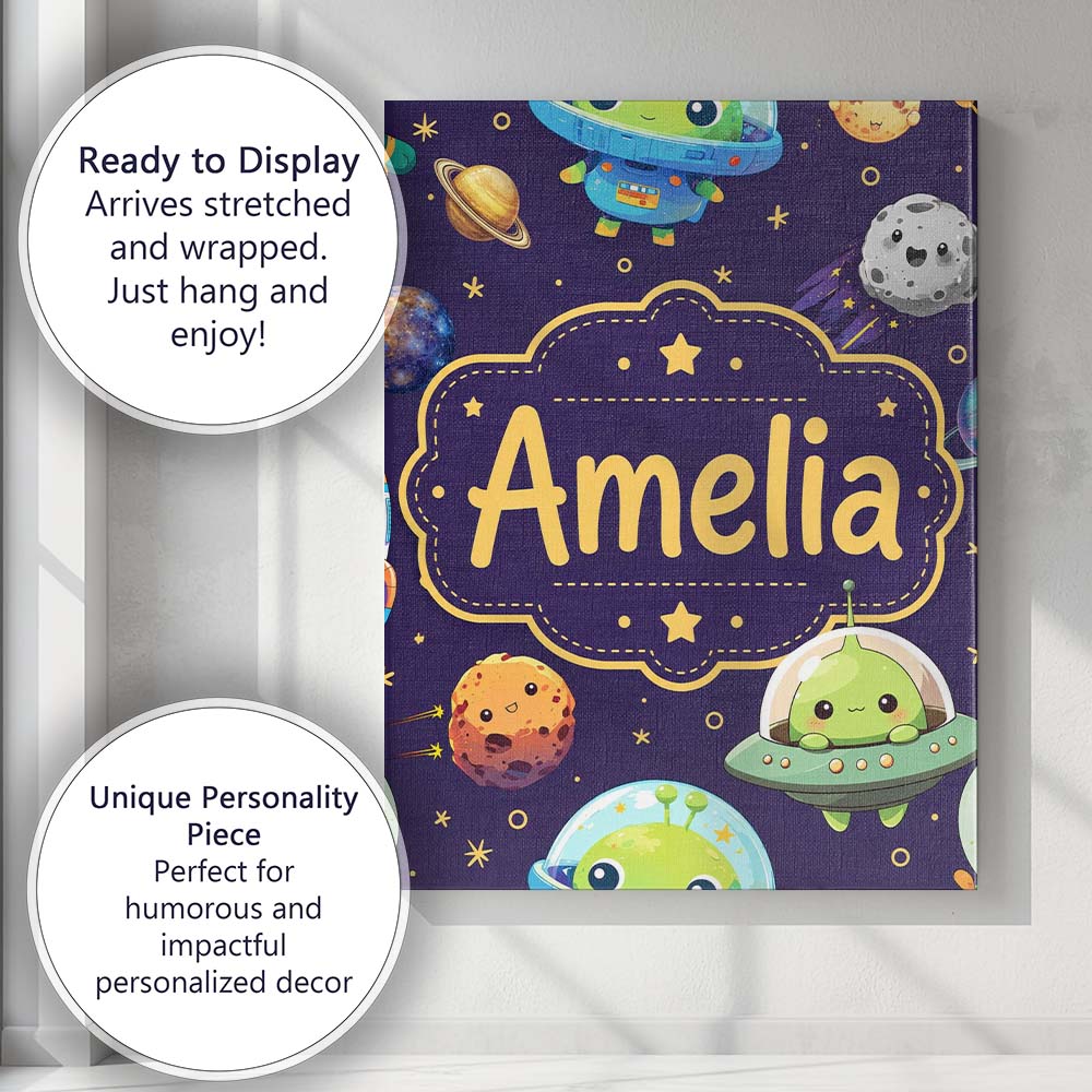Personalised Name Space Astronaut Alien UFO Custom Bespoke Interior Contemporary Canvas Wall Art Print Decor Picture Ready to Hang