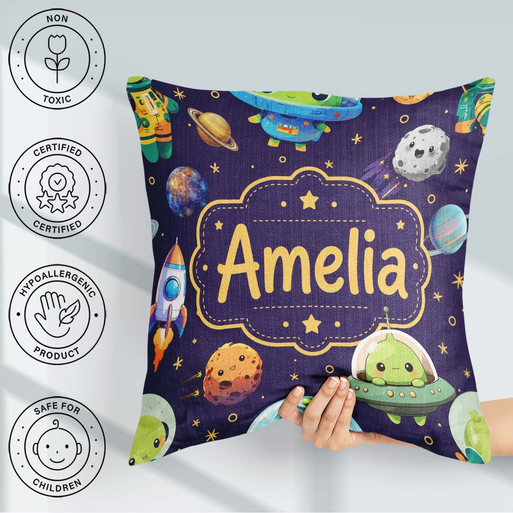 Custom Name Space Astronaut Alien UFO Purple Background Fun Kids Square Filled Cushion Throw Pillow Sofa Bed Home Decor Zip Washable UK Made