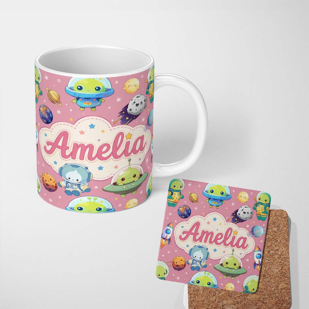 Personalized Custom Name Space Astronaut Alien UFO Seamless Pink Background Fun Kids Design 11oz Ceramic Coffee Tea Mug White Large Handle