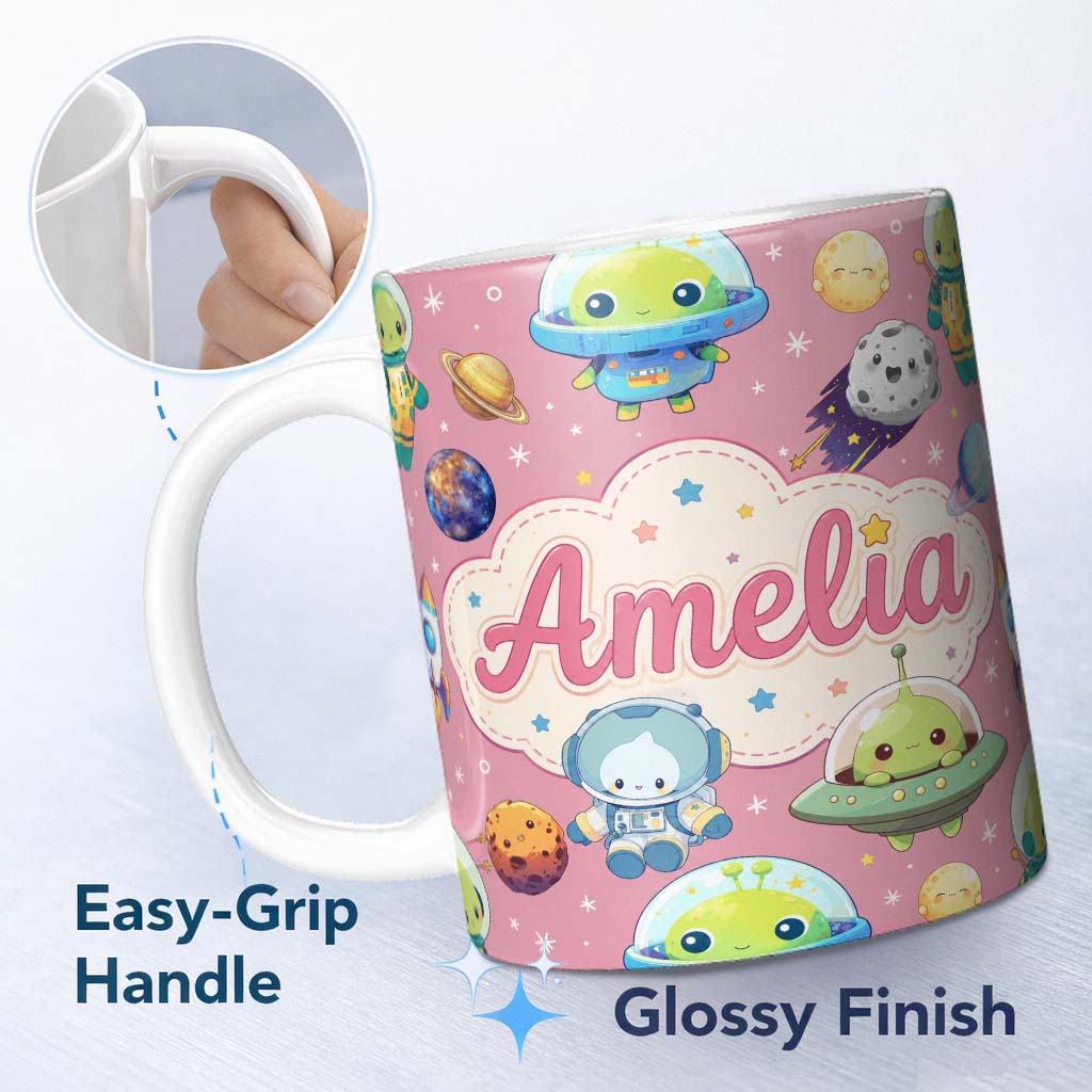 Personalized Custom Name Space Astronaut Alien UFO Seamless Pink Background Fun Kids Design 11oz Ceramic Coffee Tea Mug White Large Handle