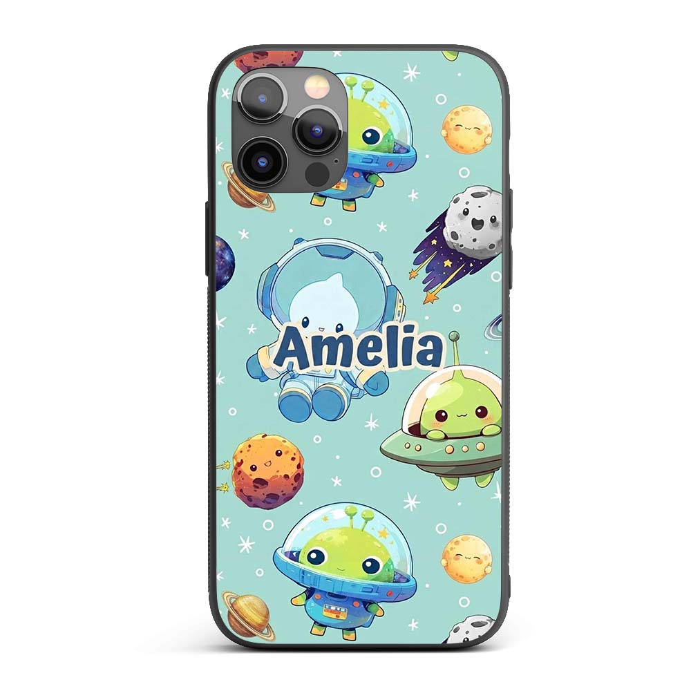 Space Astronaut Alien UFO Seamless Mint Green Custom Name Protective Phone Case Mobile Cover Durable Everyday Smartphone Shock Resistant